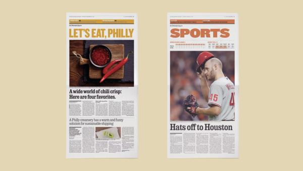 Two newspaper pages side-by-side with the section titles "Let's Eat, Philly" and "Sports"