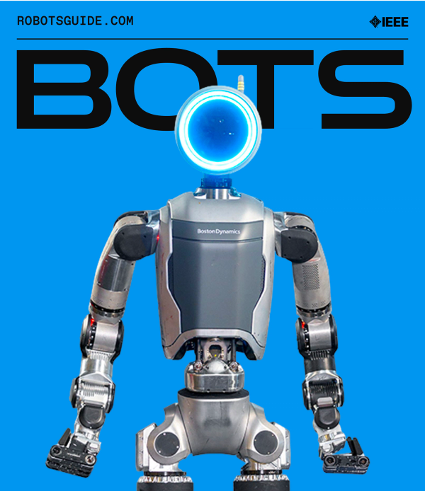 Blue sticker with BOTS logo across the top featuring a portrait of humanoid robot Atlas with a round, blue lamp for its head