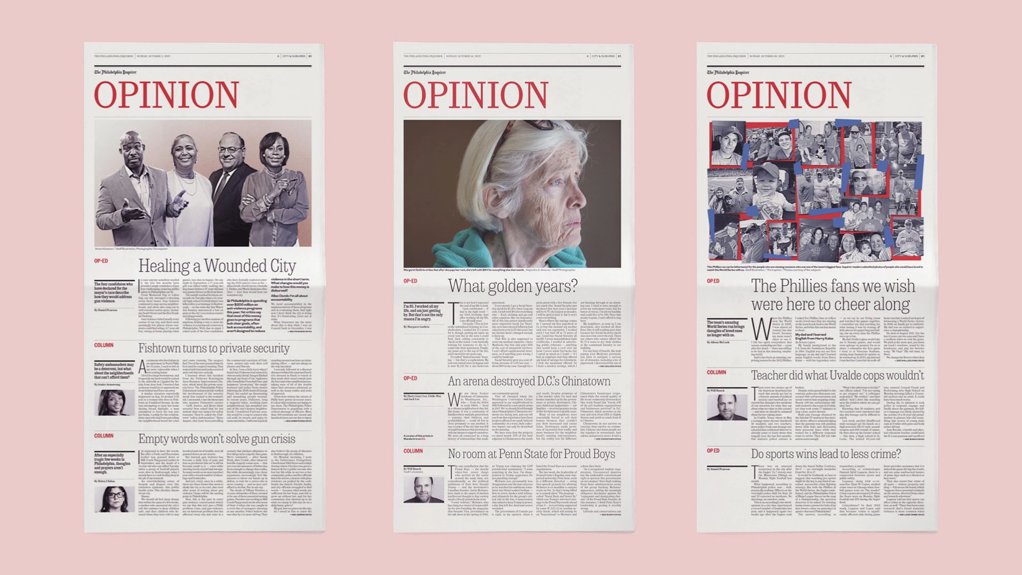 Three newspaper Opinion section openers side by side