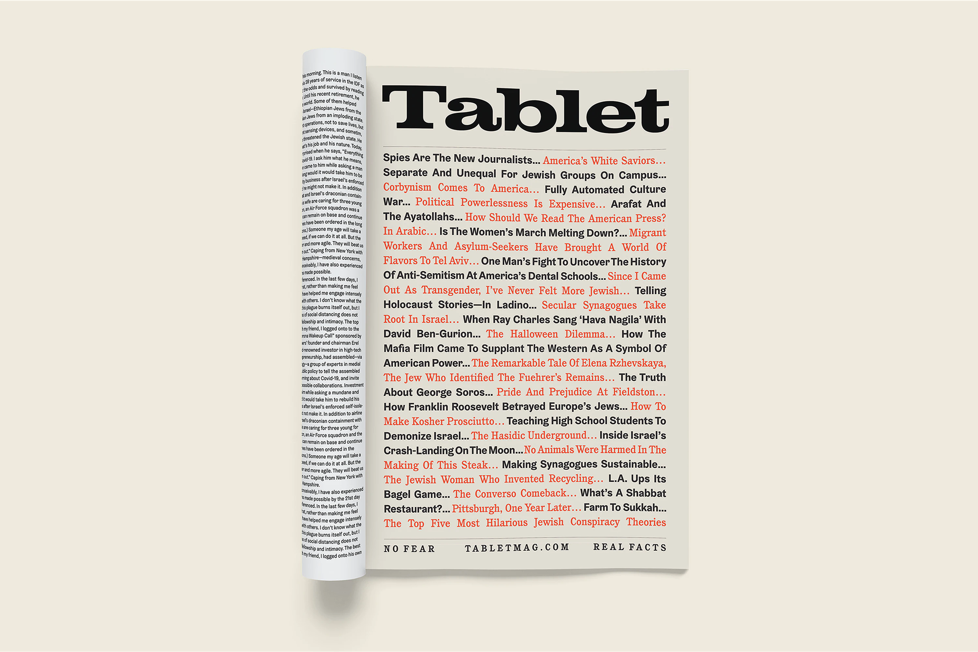 A full-page print advertisement for Tablet Magazine. The Tablet logo runs full width across the top followed by running black and red text of different Tablet Magazine headlines