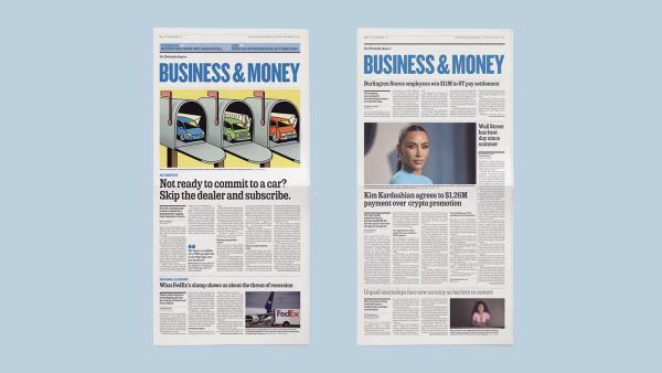 Two newspaper pages side-by-side with the section title "Business & Money" running across the tops of the pages.