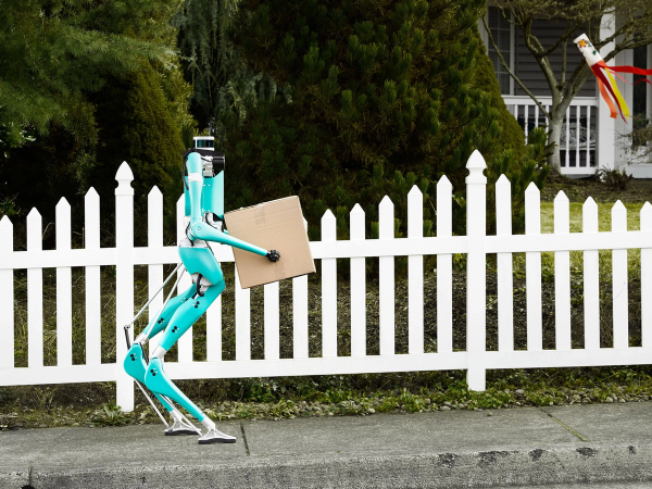 A lanky bi-pedal humanoid walks on a suburban sidewalk while carrying a package