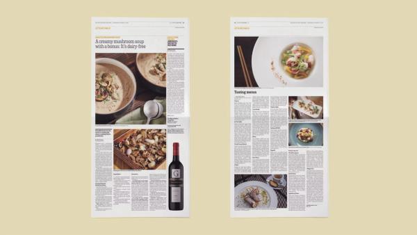 Two newspaper pages side-by-side with images of food and wine.