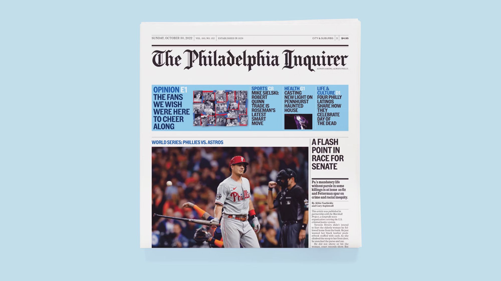 Front page of Philadelphia Inquirer newspaper.