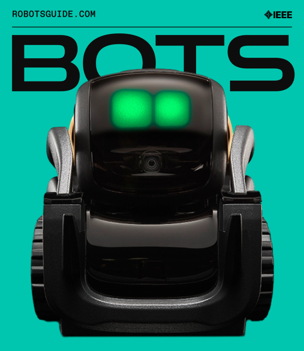 Teal sticker with BOTS logo across the top featuring a portrait of Vector, a small wheeled robot with green eyes