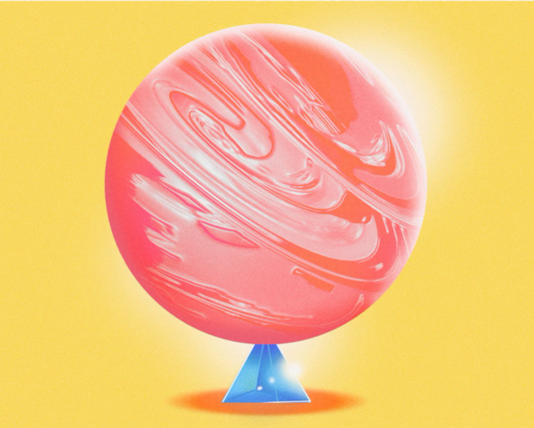 Illustration of marbled red sphere balanced on blue pyramid on a yellow background