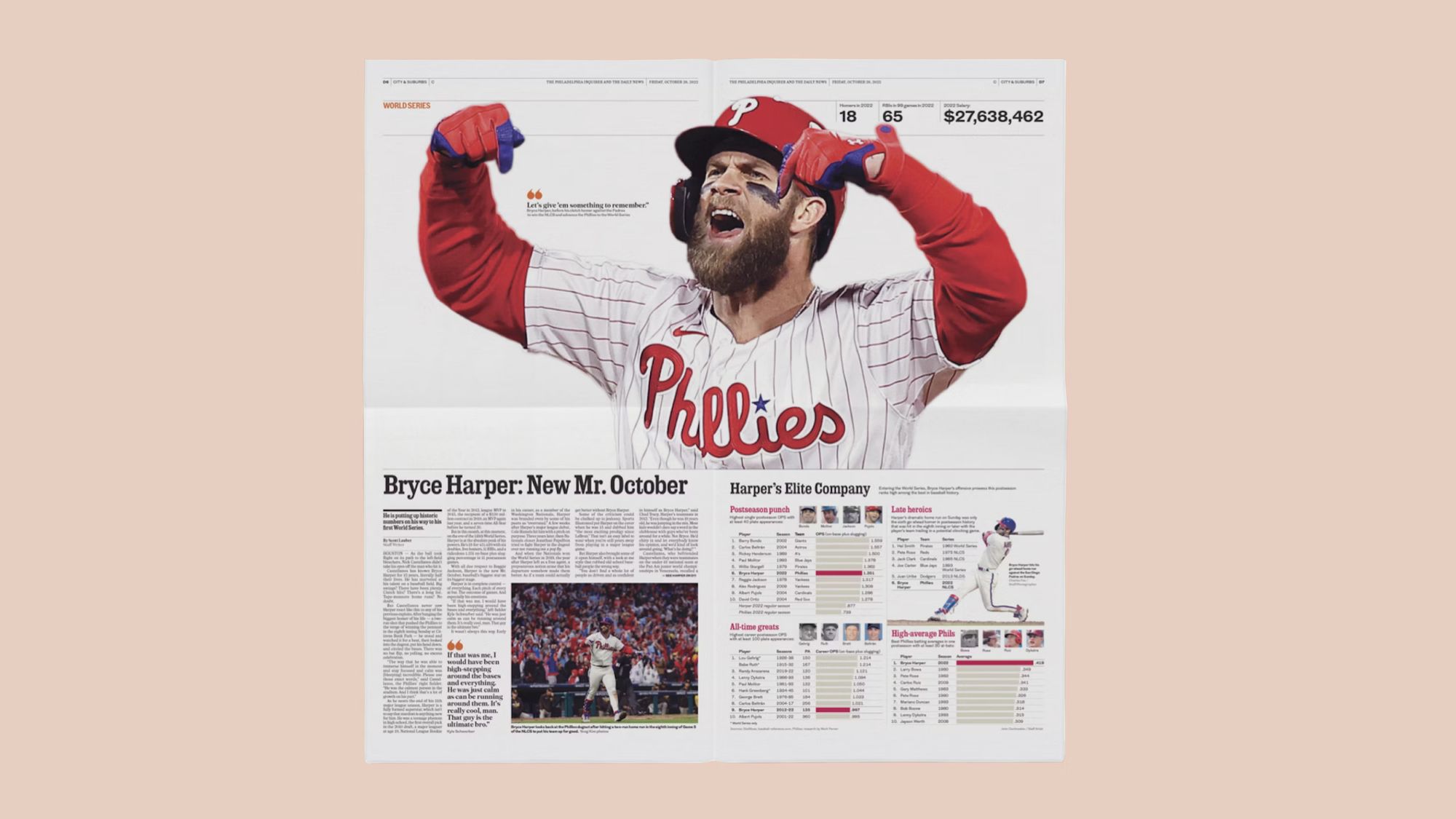 Newspaper spread of Sports section with Image of baseball player in a strong pose running across the top half of the spread.