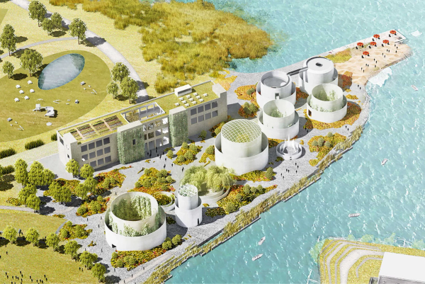 A computer rendering of a park extending from main land into a body of water. The parked is filled with plants, trees, circular structures, and a beach with umbrellas.