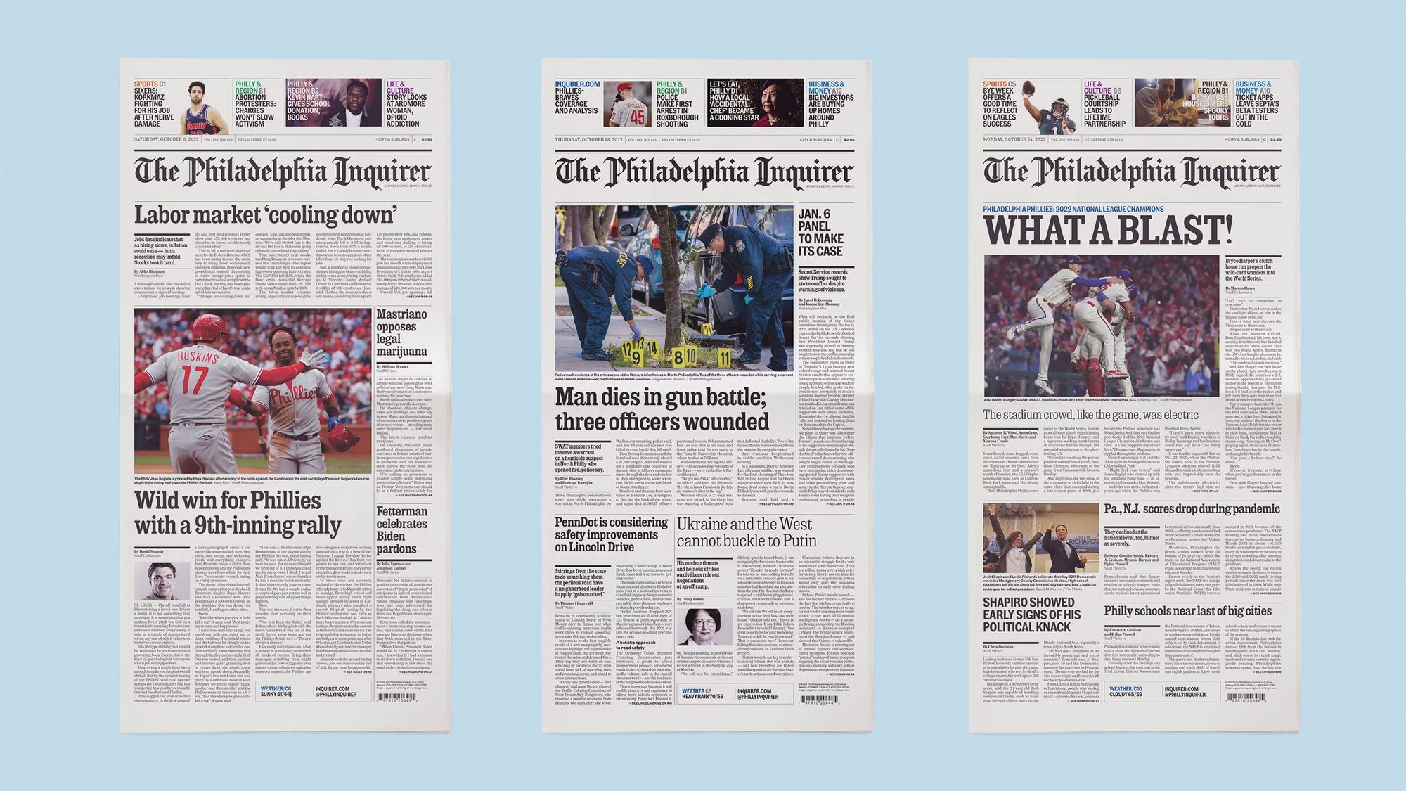 Three Philadelphia Inquirer newspaper covers