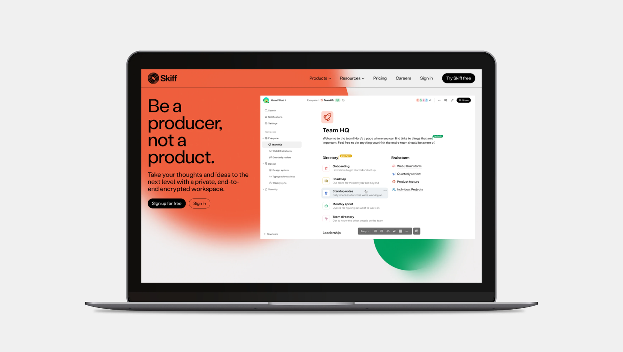 Open Macbook with Skiff website on screen, sitting on seamless white background