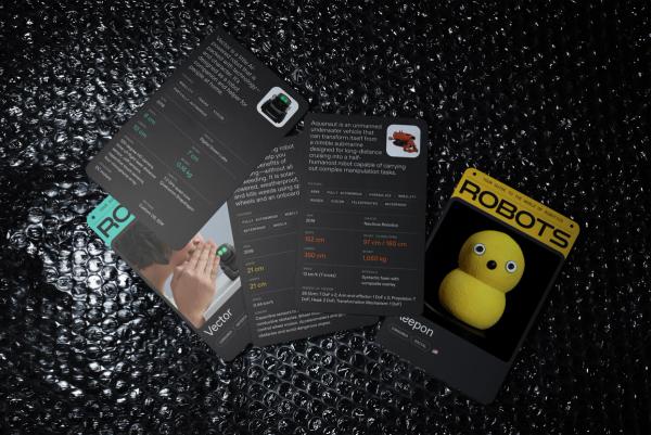 Fan of cards showing various robots with their respective names and portraits, with the ROBOTS logo across the top of each card, and some cards showing the back of the card with details and specs about each robot