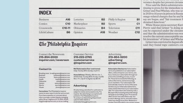 Detail crop of newspaper index and contact information
