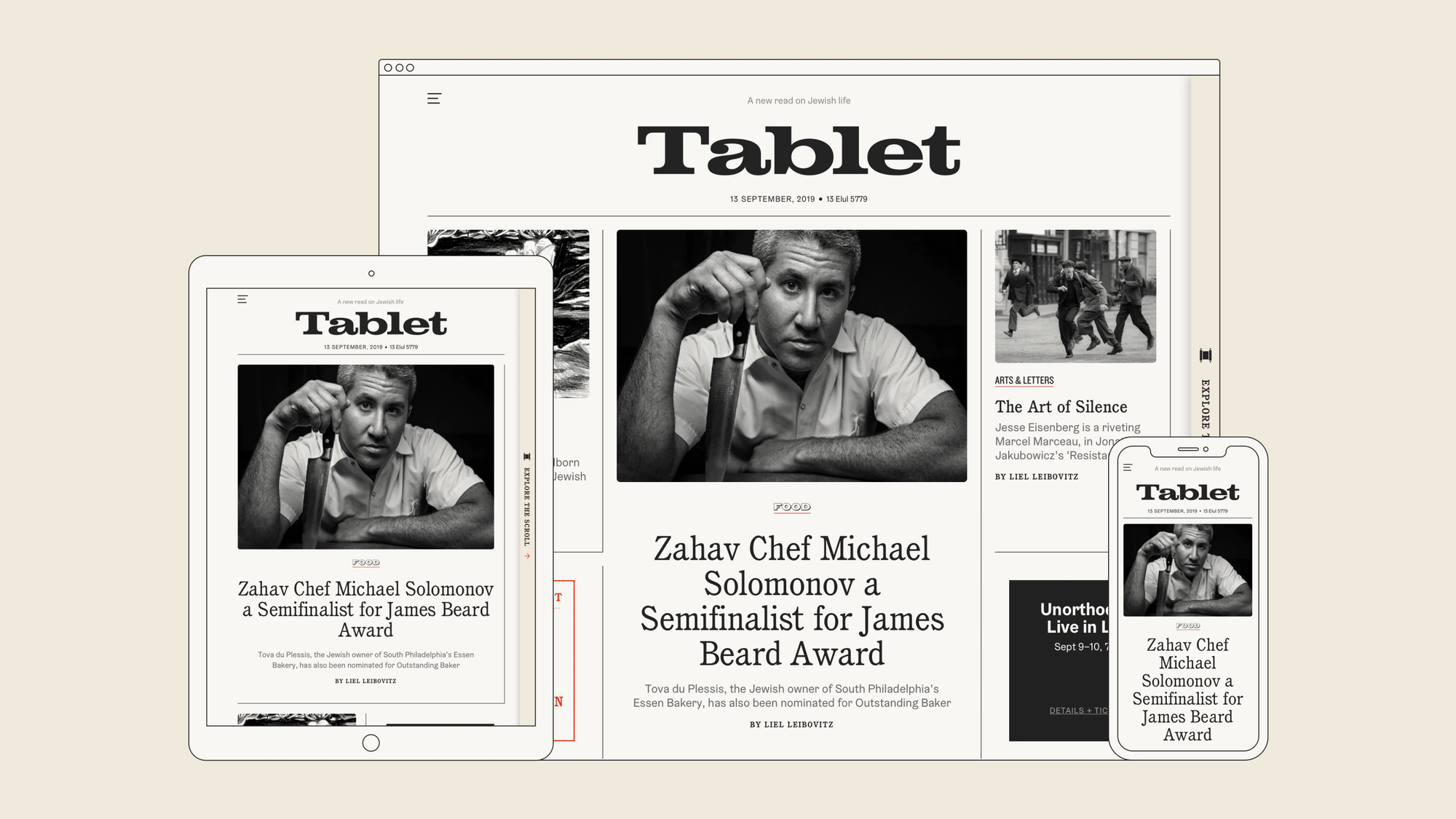 Line drawings of an ipad, an iphone and a web browser displaying the Tablet Magazine home page