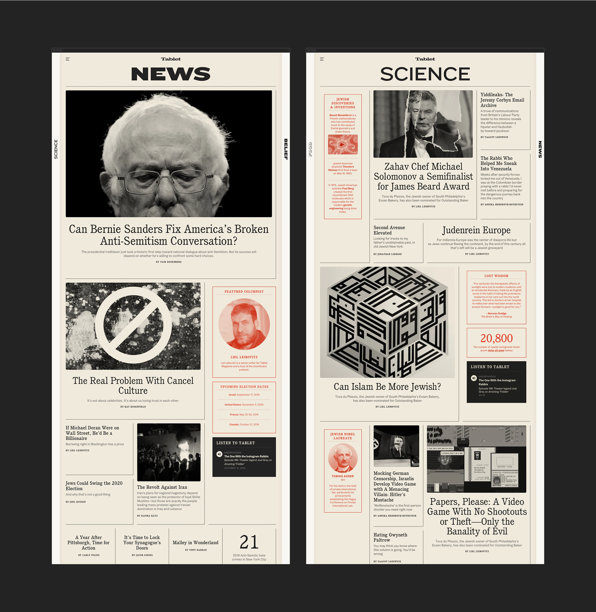 Tablet Magazine news and science section pages side by side on a black background