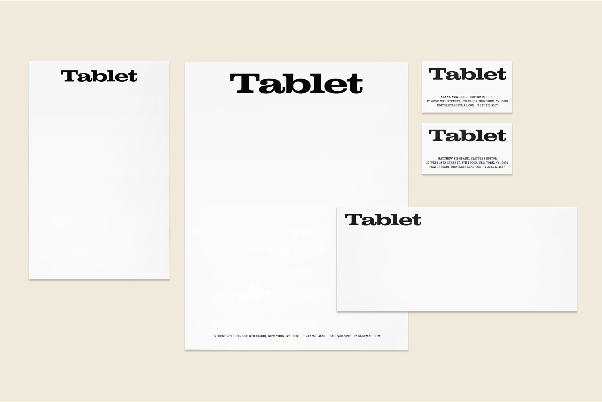A grid of Tablet Magazine branded stationery including letterhead, envelope, note card, and business card