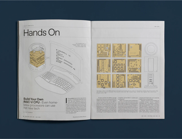 A spread from IEEE Spectrum of a section titled "Hands On", showing an illustrated story with the headline "Build Your Own RISC-V CPU"
