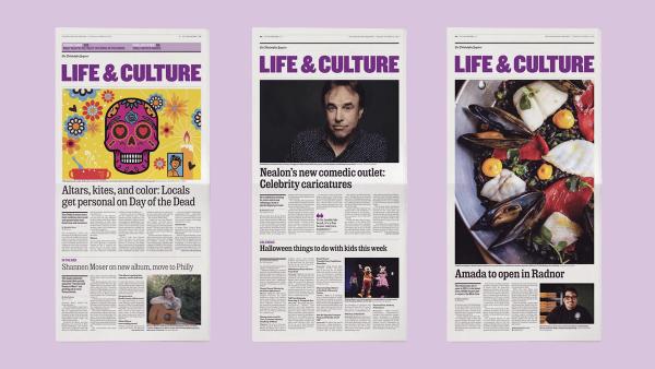 Three newspaper pages side-by-side with colorful illustrations and photos and the section title "Life & Culture" across the top of each of them.
