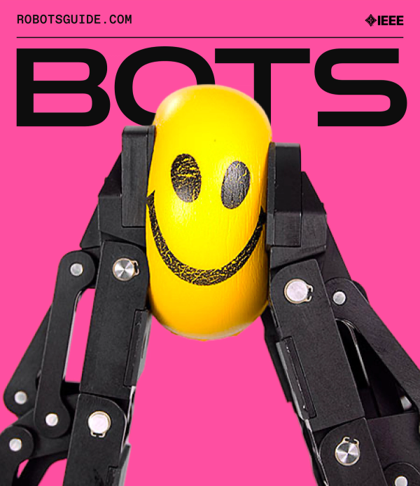 Pink sticker with BOTS logo across the top showing a gripper robot squeezing a yellow ball with a smiley face on it
