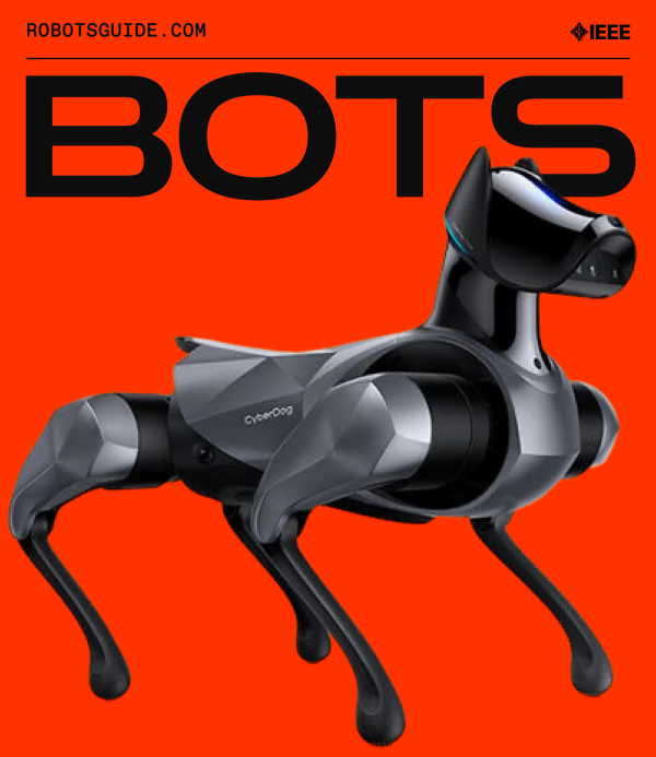 Orange sticker with BOTS logo across the top featuring a portrait of a black and grey robotic dog