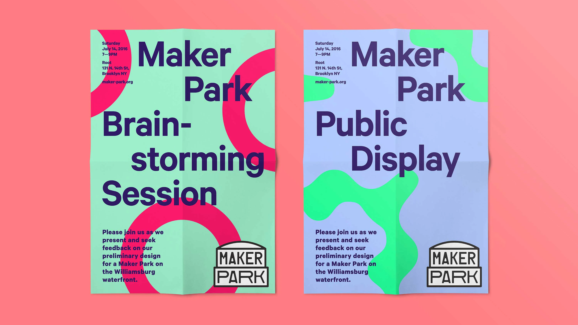 Two posters covered brightly colored graphic shapes and the titles "Maker Park Brain-Storming Session" and "Maker Park Public Display"