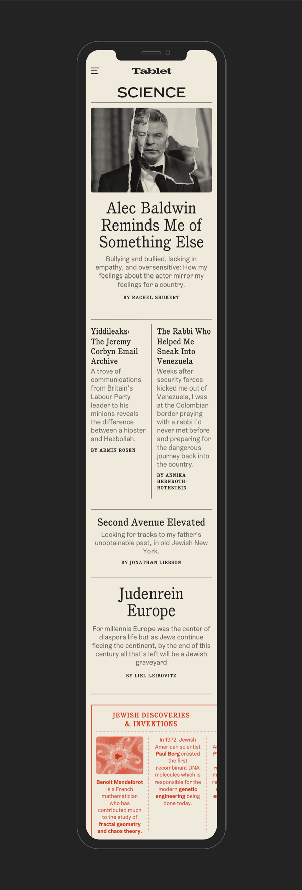Tablet Magazine Science section page displayed on an outline drawing of an iPhone
