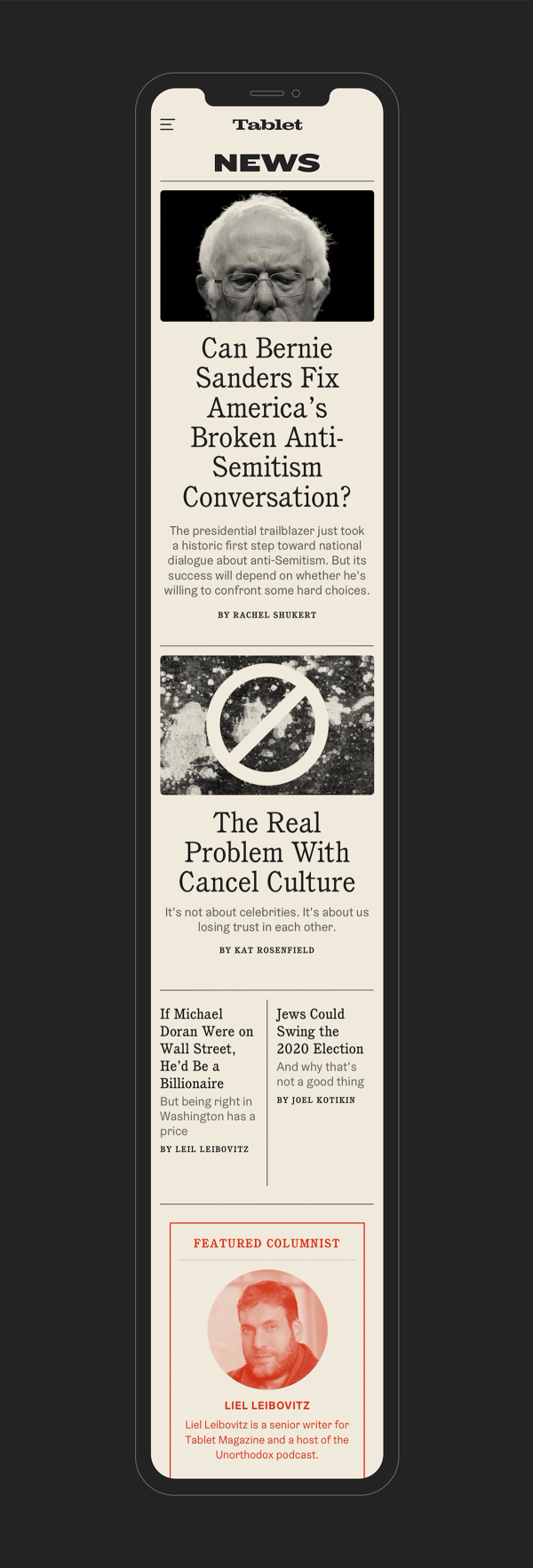 Tablet Magazine News section page displayed on an outline drawing of an iPhone
