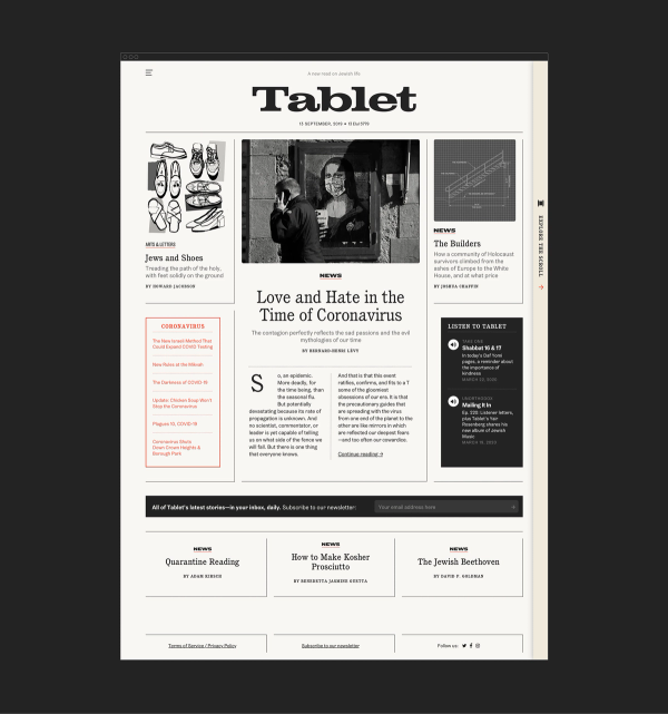 Tablet magazine homepage on a black background