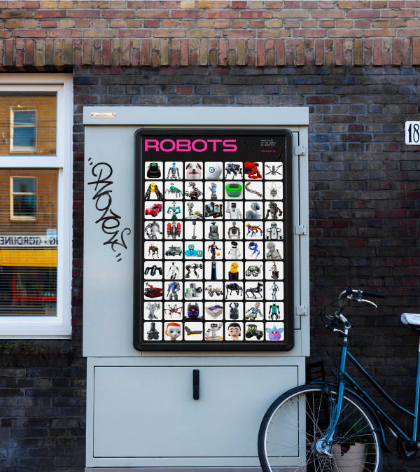 A poster with a grid of robot portraits with the ROBOTS logo across the top