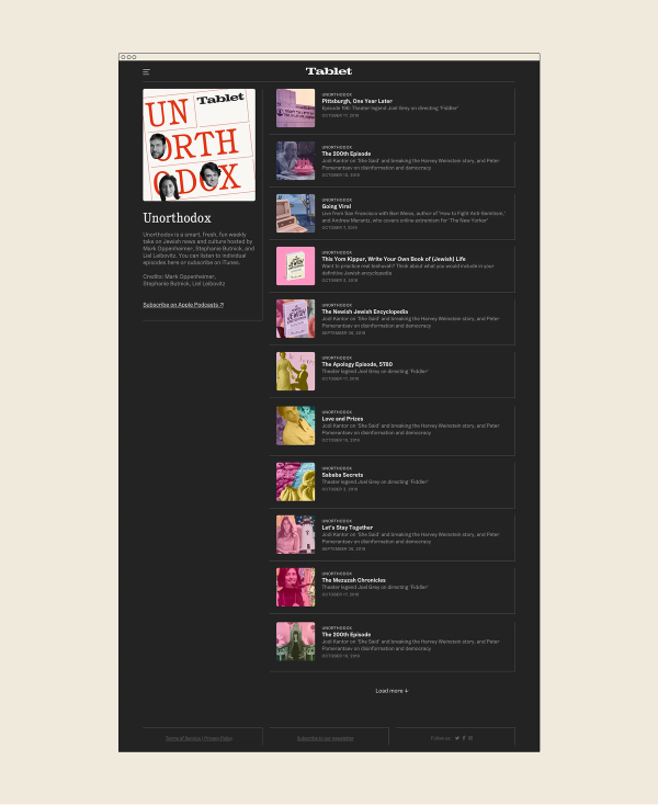 Image of a podcast website page with a list of episodes on a light background.