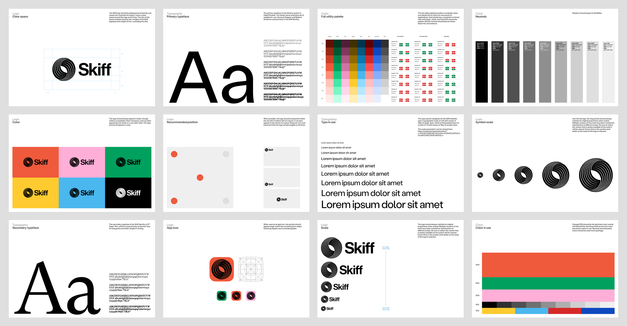 Grid of pages from Skiff brand guidelines