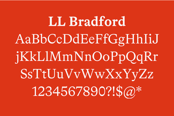 Type specimen of the font LL Bradford on a red background