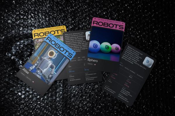Fan of cards showing various robots with their respective names and portraits, with the ROBOTS logo across the top of each card, and some cards showing the back of the card with details and specs about each robot