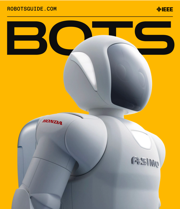 Yellow sticker with BOTS logo across the top featuring portrait of humanoid robot Asimo