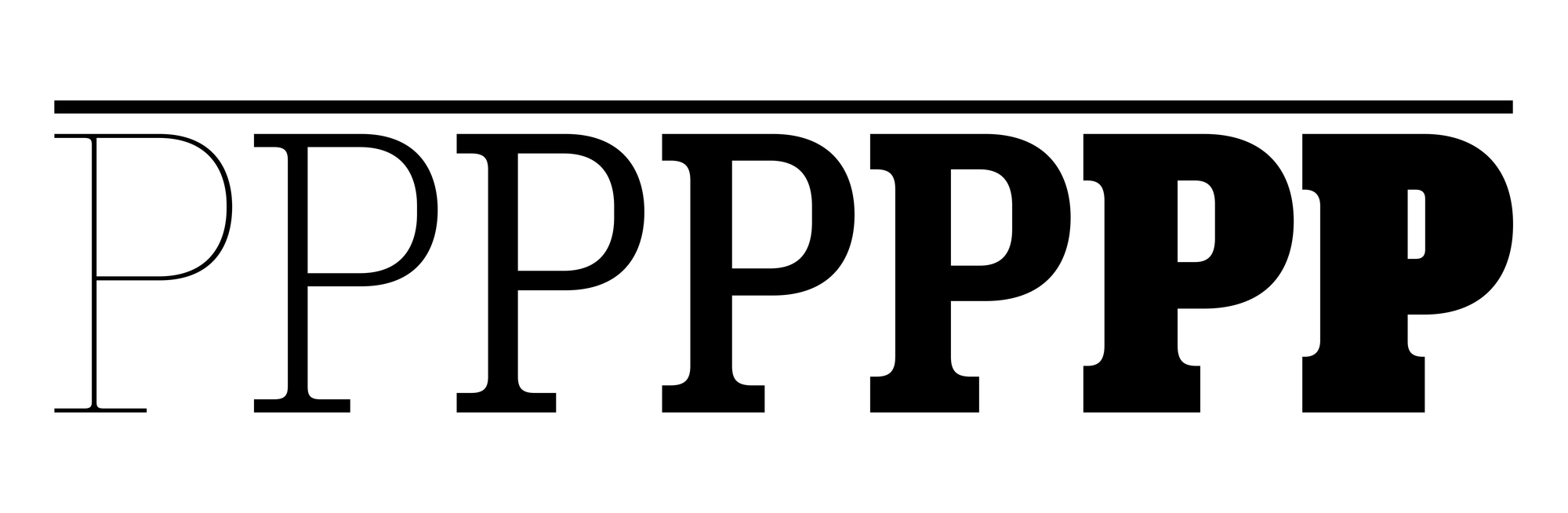 A row of seven letter P's in a row in a gradient of font weights, from ultra light to ultra bold.