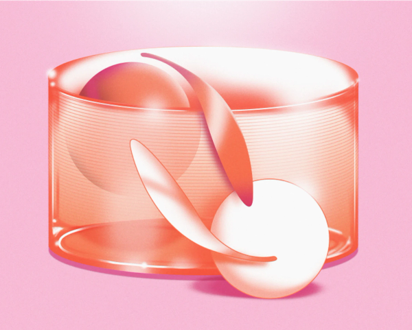 Abstract illustration of red cylinder and spheres on pink background