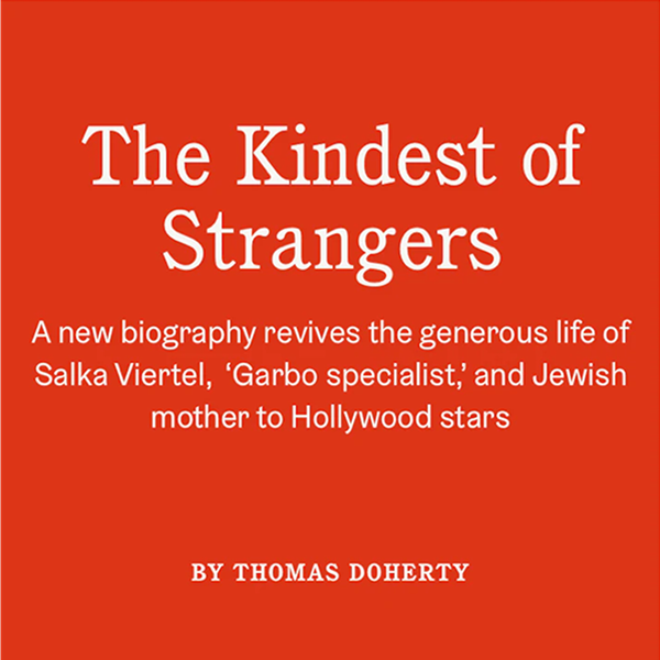 Headline text reading "The Kindest of Strangers" on a red background