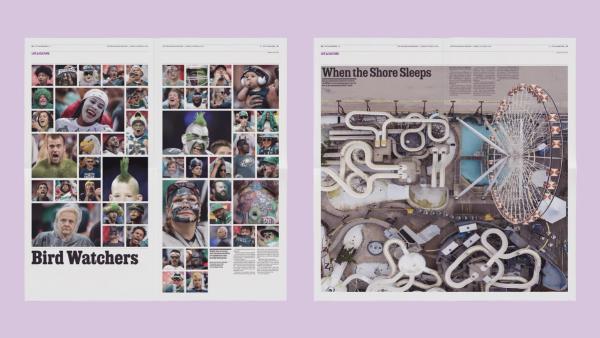 Two newspaper spreads side-by-side with images of sports fan and an amusement park.
