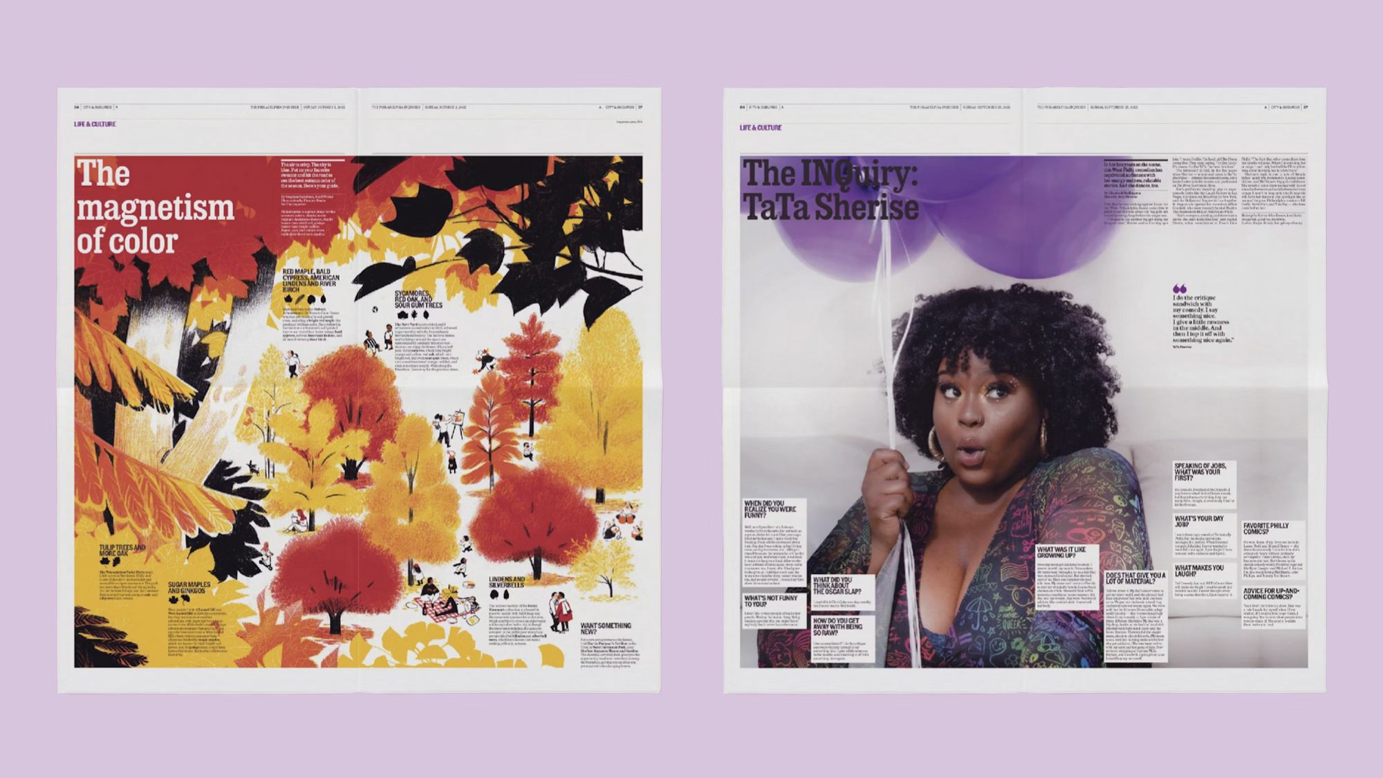 Two newspaper spreads side-by-side of stories with colorful artwork and photography.