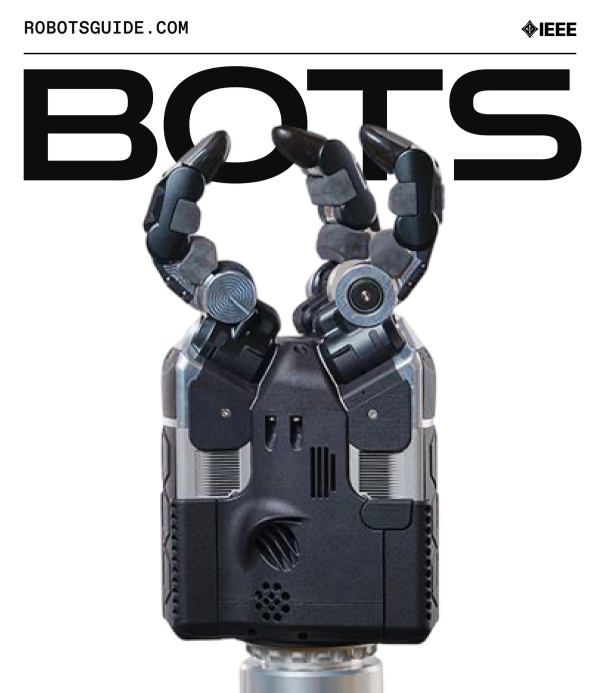 White sticker with BOTS logo across the top featuring a portrait of a robotic hand with three finger-like grippers