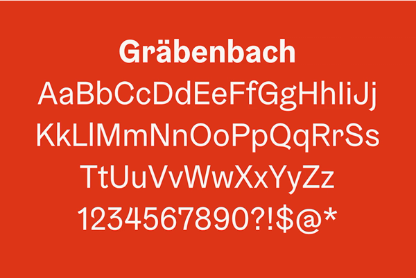 Type specimen of typeface Gräbenbach on a red background