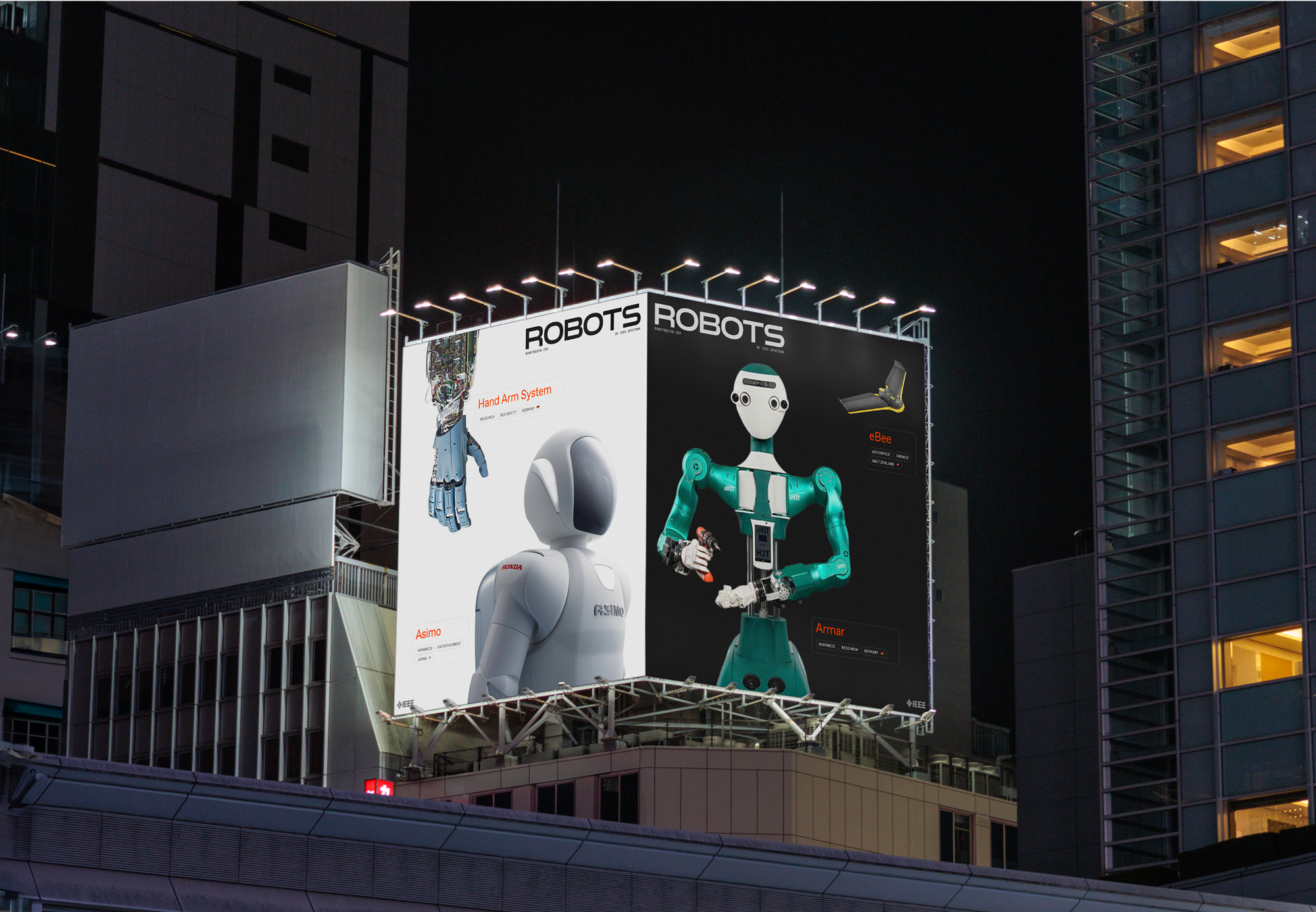 A billboard at the top of a building showing several robot portraits and the ROBOTS logo