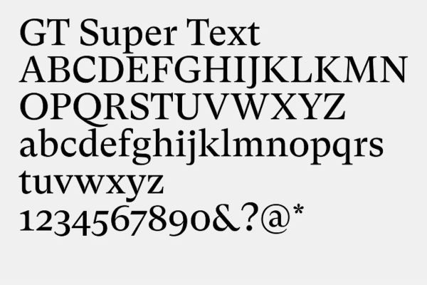 Alphabet set in font GT Super Text.